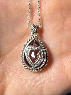 BRAND NEW Brighton Silver Reversible Heart Necklace w/ Pink Stone + Pouch!